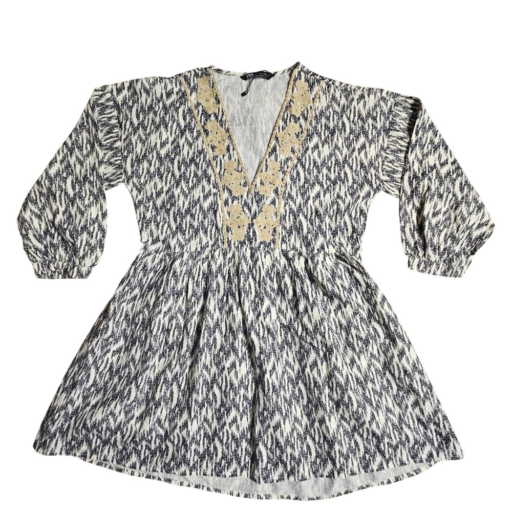 Zara Ikat Print Crochet Lace Babydoll Mini Dress S Resort Boho Granola Chic‎